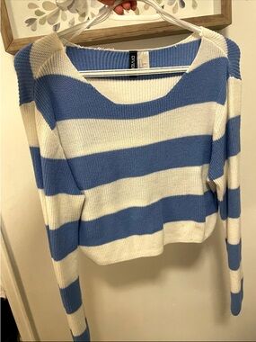 H&M Blue and White Wide-Stripe Scoop Neck Sweater